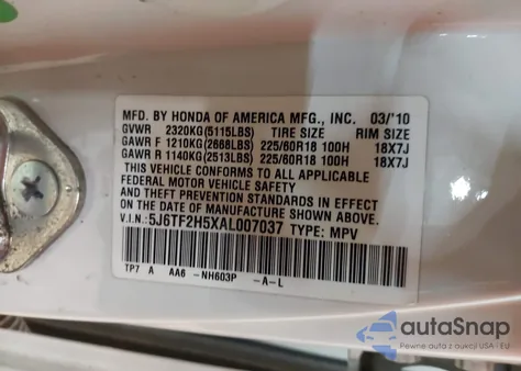 2010 Honda Accord Crosstour Ex-L из США, поврежденный, VIN 5J6TF2H5XAL007037